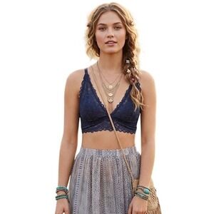 Aerie Lace Bralette Womens L Navy Strappy Cage Back V-Neck Festival Layering